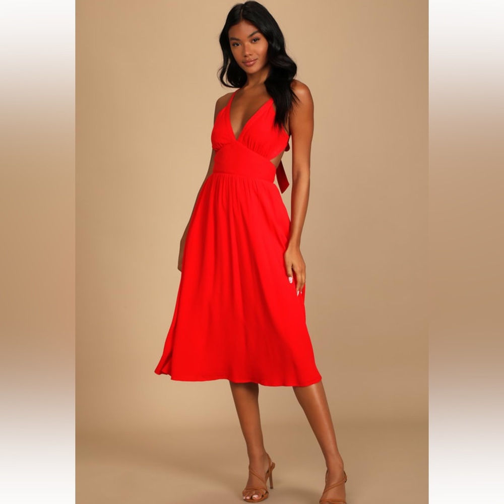 Lulus Bold New Look Bright Red
Tie-Back Midi Dress With Pockets